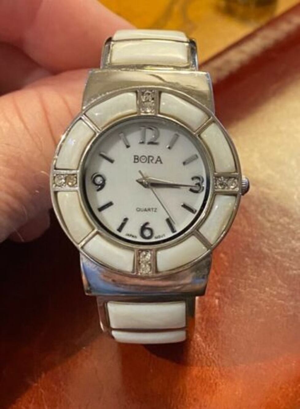Women's 33mm Silver Tone Bora Watch, White Enamel Accented Bezel and Band